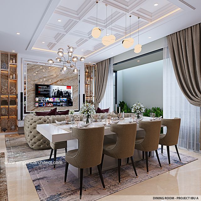 Desain Ruang Makan Rumah Mediteran Klasik 2 Lantai Ibu A di Rawamangun, Jakarta Timur