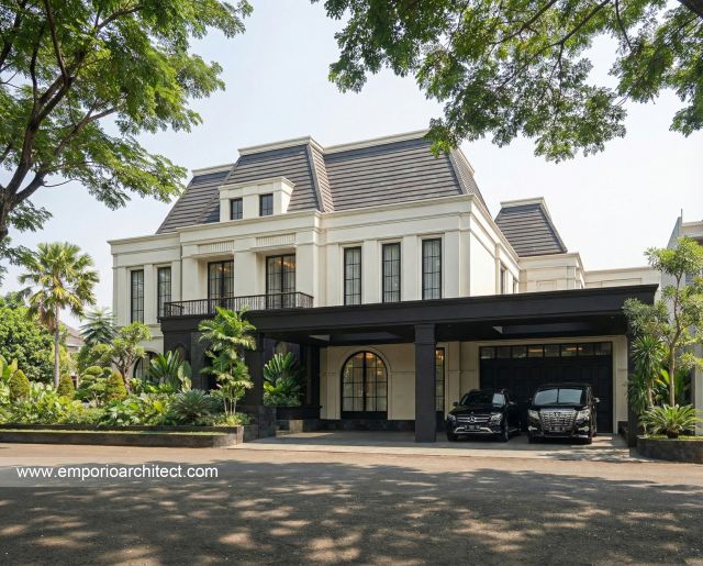Desain Tampak Depan 2 Rumah Mediteran Klasik 2 Lantai Ibu BGV di Lampung