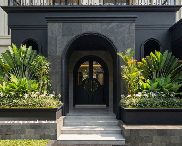Desain Tampak Detail Depan 2 Rumah Mediteran Klasik 2 Lantai Ibu BGV di Lampung