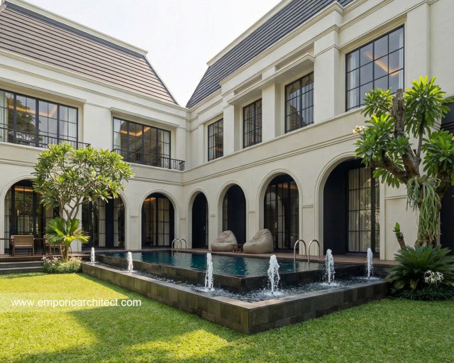 Desain Tampak Belakang 2 Rumah Mediteran Klasik 2 Lantai Ibu BGV di Lampung