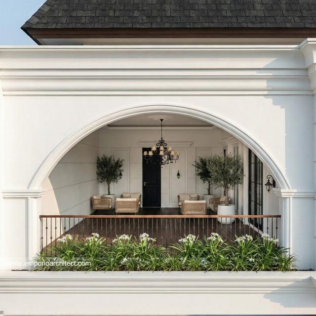 Desain Tampak Detail Depan 2 Rumah Mediteran Klasik 2 Lantai Bapak SGK di Malang