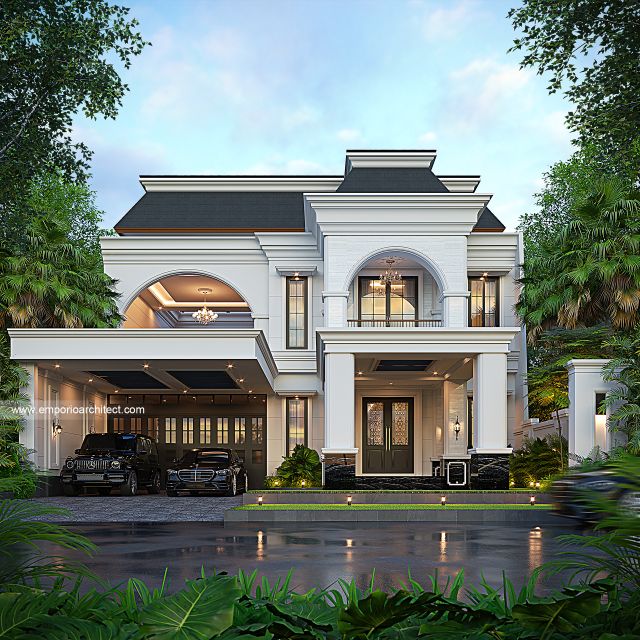 Desain Tampak Depan 3 Rumah Mediteran Klasik 2 Lantai Bapak SGK di Malang