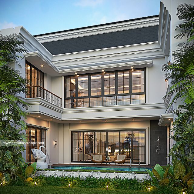 Desain Tampak Belakang Rumah Mediteran Klasik 2 Lantai Bapak SGK di Malang