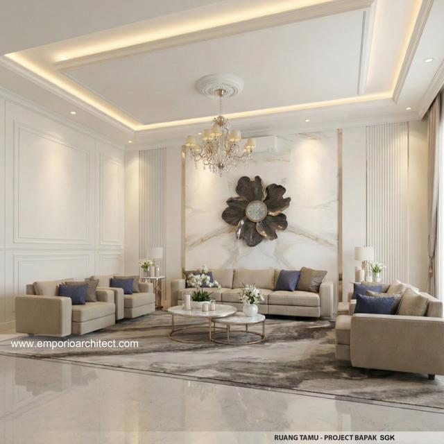 Desain Ruang Tamu Rumah Mediteran Klasik 2 Lantai Bapak SGK di Malang