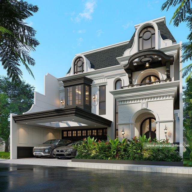 Desain Tampak Depan 2 Rumah Mediteran Klasik 2 Lantai Bapak BT di Ponorogo, Jawa Timur