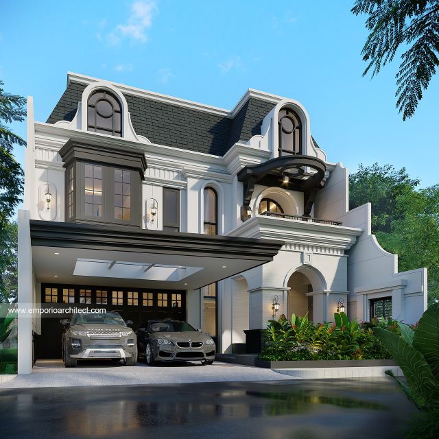 Desain Tampak Depan 3 Rumah Mediteran Klasik 2 Lantai Bapak BT di Ponorogo, Jawa Timur