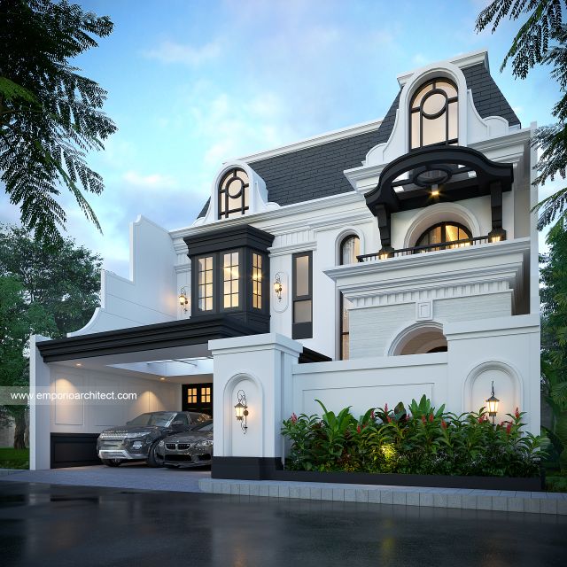 Desain Tampak Depan Dengan Pagar Rumah Mediteran Klasik 2 Lantai Bapak BT di Ponorogo, Jawa Timur