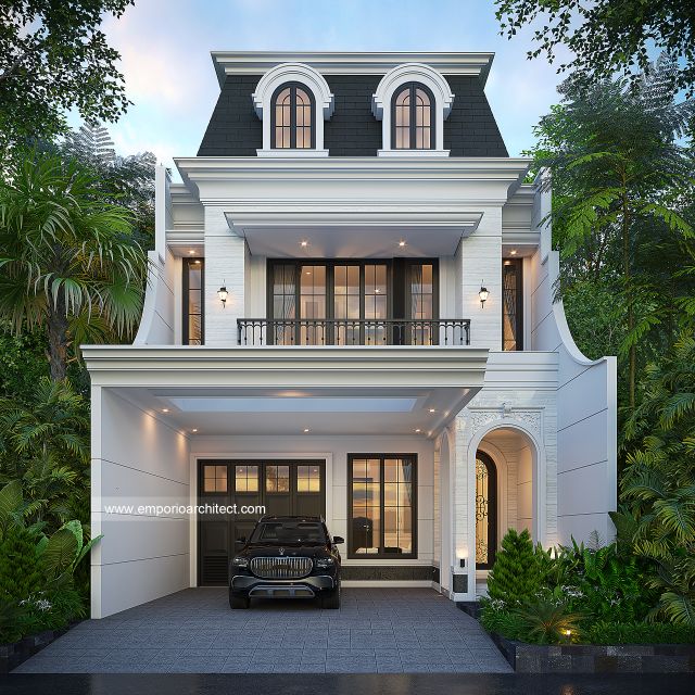 Desain Tampak Depan Rumah Mediteran Klasik 2 Lantai Bapak AB V di Jakarta