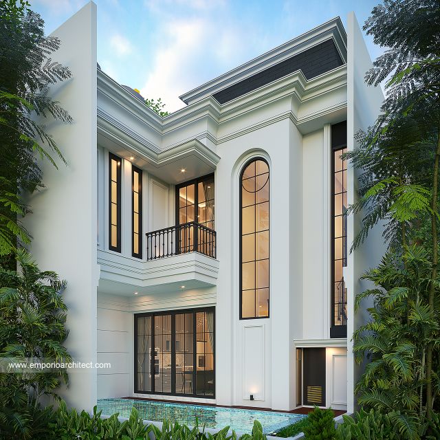 Desain Tampak Belakang Rumah Mediteran Klasik 2 Lantai Bapak AB V di Jakarta