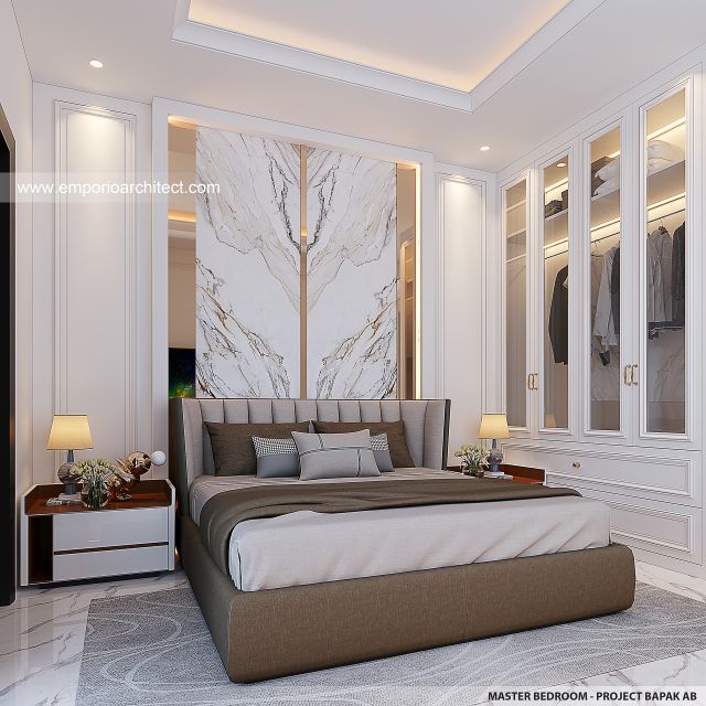 Desain Kamar Tidur Utama Rumah Mediteran Klasik 2 Lantai Bapak AB V di Jakarta