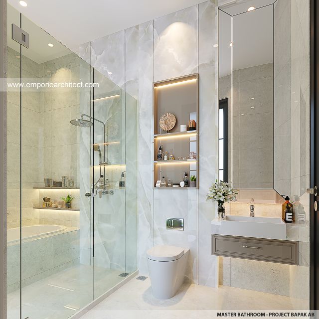 Desain Kamar Mandi Utama Rumah Mediteran Klasik 2 Lantai Bapak AB V di Jakarta