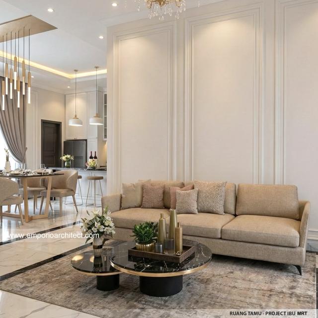 Desain Ruang Tamu Rumah Mediteran Klasik 2 Lantai Ibu MRT di Sentul, Bogor