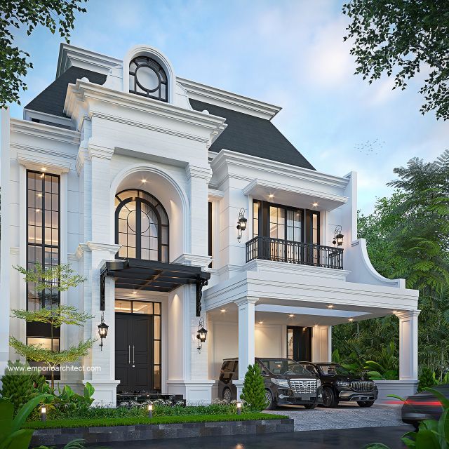 Desain Tampak Depan Rumah Mediteran Klasik 2 Lantai Ibu MRT di Sentul, Bogor