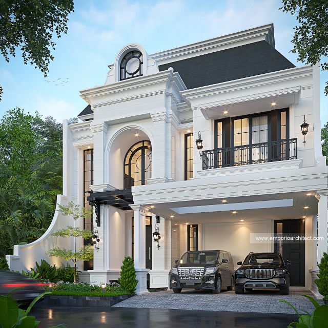 Desain Tampak Depan 2 Rumah Mediteran Klasik 2 Lantai Ibu MRT di Sentul, Bogor