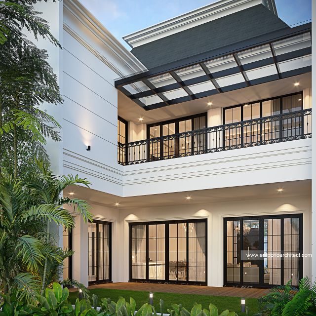 Desain Tampak Belakang Rumah Mediteran Klasik 2 Lantai Ibu MRT di Sentul, Bogor