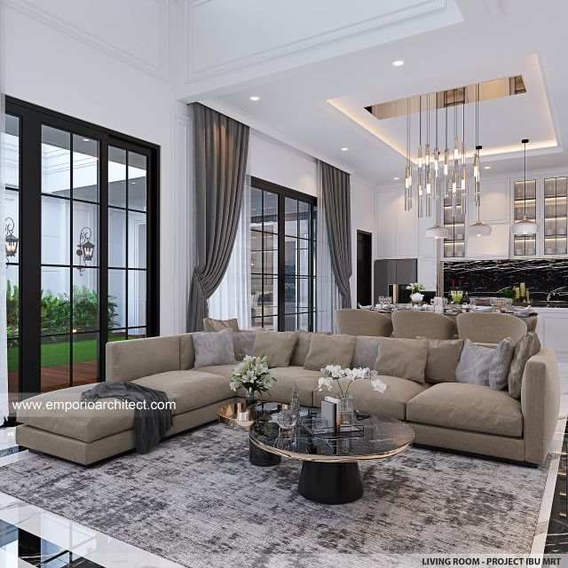 Desain Ruang Keluarga Rumah Mediteran Klasik 2 Lantai Ibu MRT di Sentul, Bogor