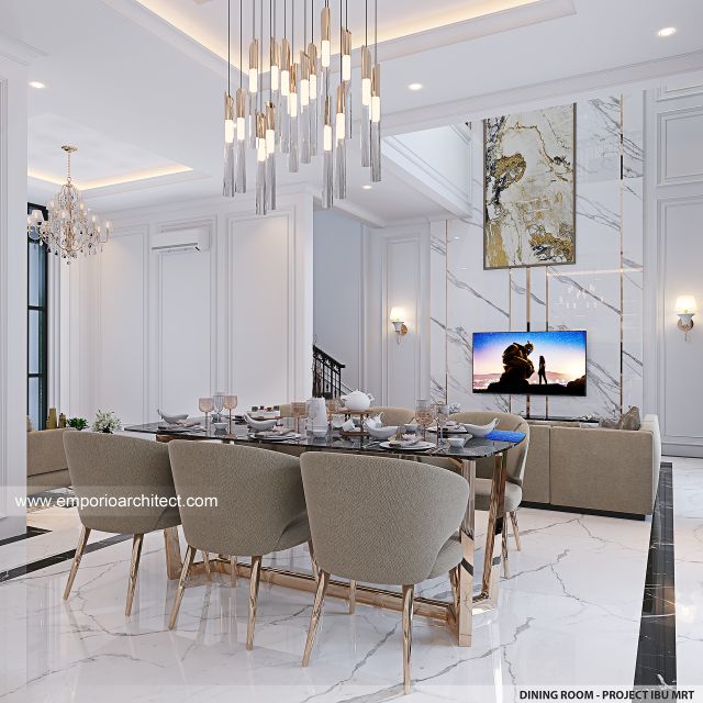 Desain Ruang Makan Rumah Mediteran Klasik 2 Lantai Ibu MRT di Sentul, Bogor