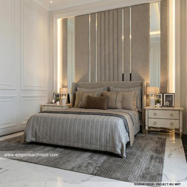 Desain Kamar Tidur Rumah Mediteran Klasik 2 Lantai Ibu MRT di Sentul, Bogor