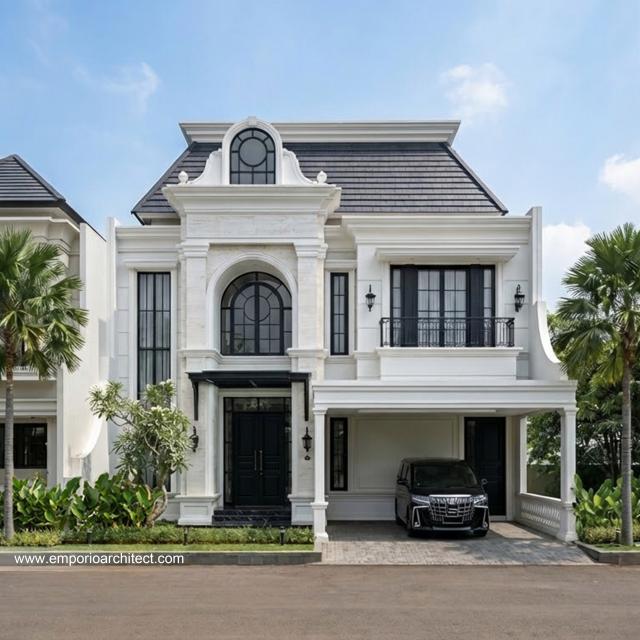 Desain Tampak Depan 2 Rumah Mediteran Klasik 2 Lantai Ibu MRT di Sentul, Bogor