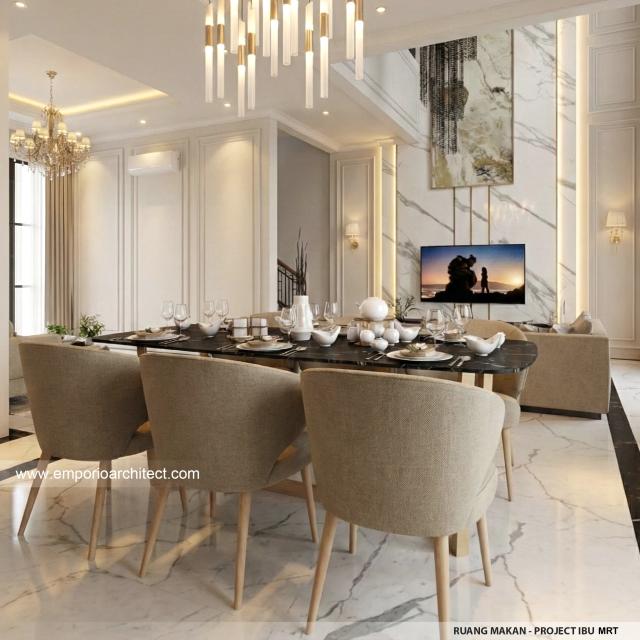 Desain Ruang Makan Rumah Mediteran Klasik 2 Lantai Ibu MRT di Sentul, Bogor