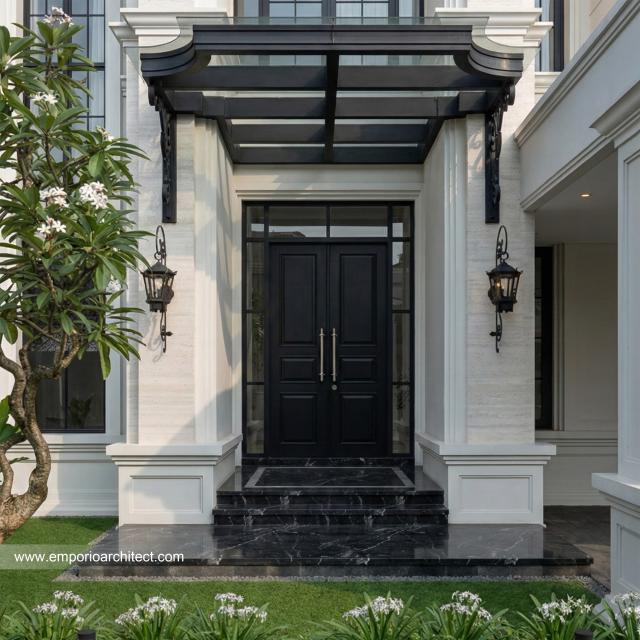 Desain Tampak Detail Depan 3 Rumah Mediteran Klasik 2 Lantai Ibu MRT di Sentul, Bogor