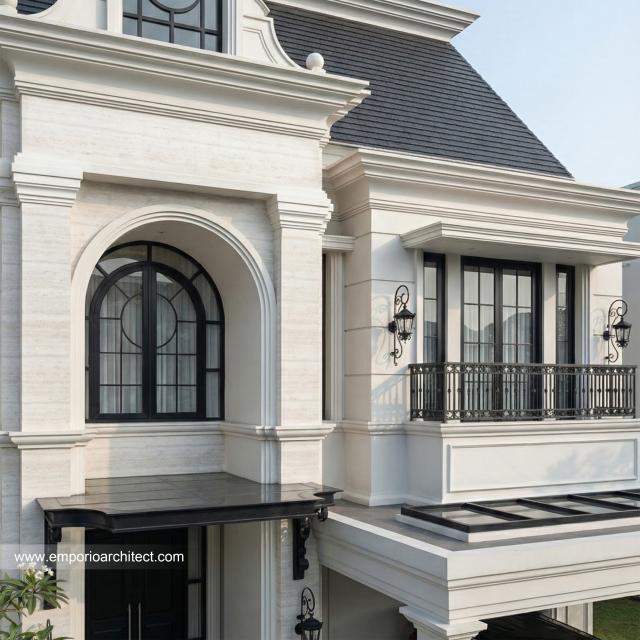 Desain Tampak Detail Depan Rumah Mediteran Klasik 2 Lantai Ibu MRT di Sentul, Bogor