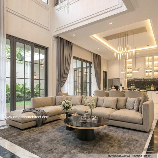 Desain Ruang Keluarga Rumah Mediteran Klasik 2 Lantai Ibu MRT di Sentul, Bogor