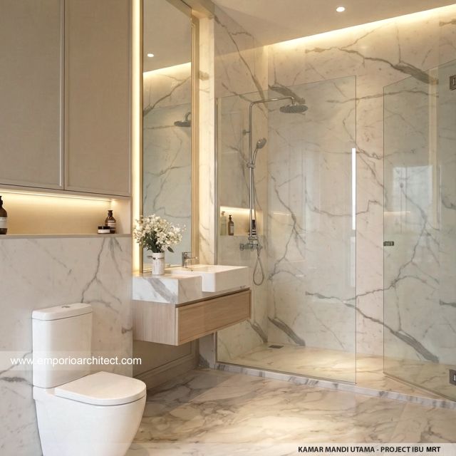 Desain Kamar Mandi Utama Rumah Mediteran Klasik 2 Lantai Ibu MRT di Sentul, Bogor