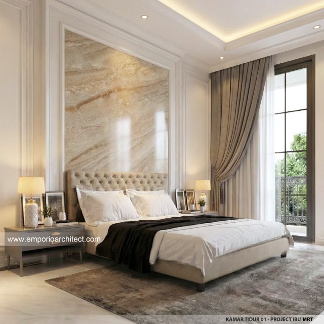 Desain Kamar Tidur 1 Rumah Mediteran Klasik 2 Lantai Ibu MRT di Sentul, Bogor