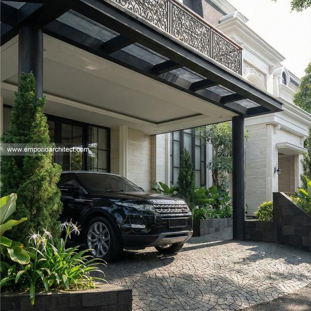 Desain Tampak Detail Garase Rumah Mediteran Klasik 2 Lantai Bapak YLT di Samarinda