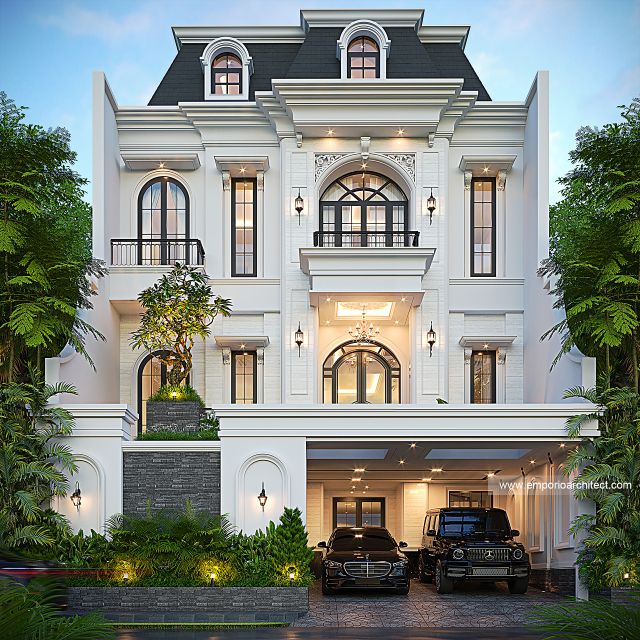 Desain Tampak Depan 3 Rumah Mediteran Klasik 3 Lantai Ibu YM di Kelapa Gading, Jakarta Utara