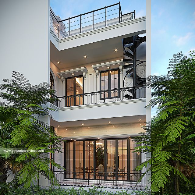 Desain Tampak Belakang Rumah Mediteran Klasik 3 Lantai Ibu YM di Kelapa Gading, Jakarta Utara