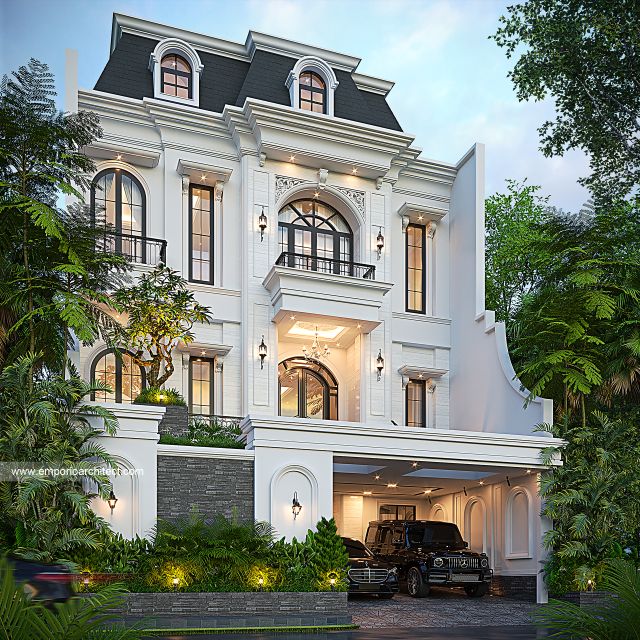 Desain Tampak Depan 2 Rumah Mediteran Klasik 3 Lantai Ibu YM di Kelapa Gading, Jakarta Utara