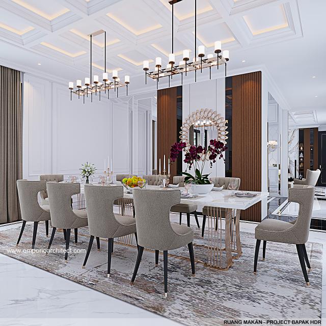 Desain Ruang Makan Rumah Mediteran Klasik 3 Lantai Bapak HDR di Jakarta Barat