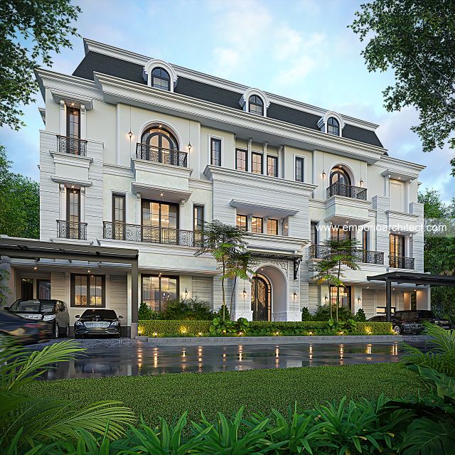 Desain Tampak Depan Rumah Mediteran Klasik 3 Lantai Bapak HDR di Jakarta Barat