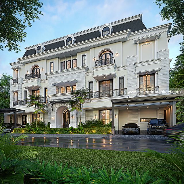 Desain Tampak Depan 2 Rumah Mediteran Klasik 3 Lantai Bapak HDR di Jakarta Barat