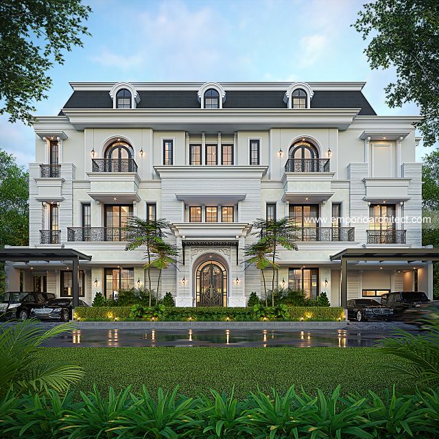 Desain Tampak Depan 3 Rumah Mediteran Klasik 3 Lantai Bapak HDR di Jakarta Barat