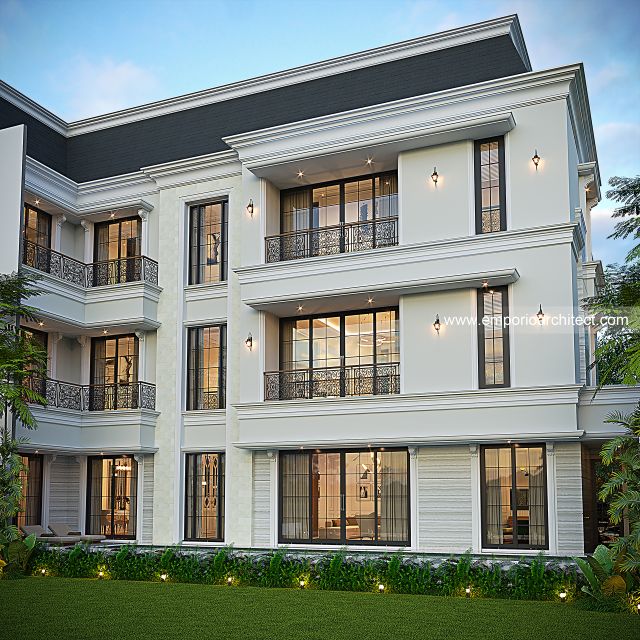 Desain Tampak Belakang Rumah Mediteran Klasik 3 Lantai Bapak HDR di Jakarta Barat