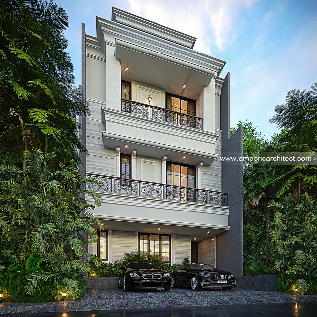 Desain Tampak Belakang 2 Rumah Mediteran Klasik 3 Lantai Bapak HDR di Jakarta Barat