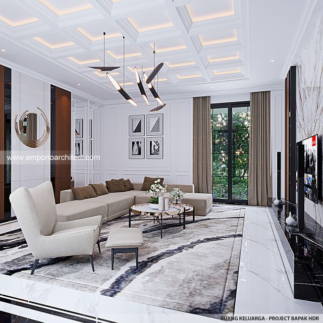 Desain Ruang Keluarga Rumah Mediteran Klasik 3 Lantai Bapak HDR di Jakarta Barat