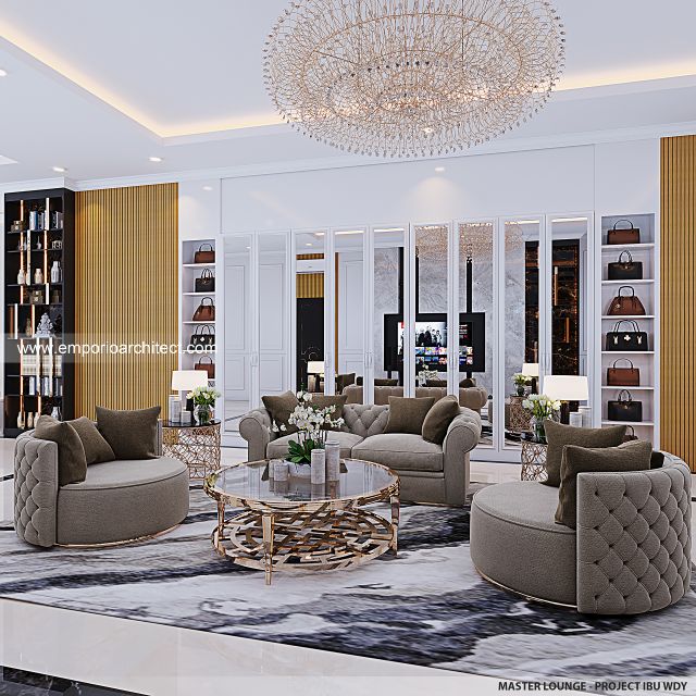 Desain Lounge Kamar Tidur Utama Rumah Mediteran Klasik 3 Lantai Ibu WDY di Bekasi