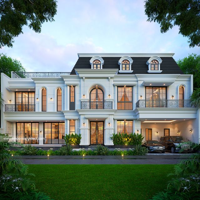 Desain Tampak Depan Rumah Mediteran Klasik 3 Lantai Bapak PT di Denpasar, Bali