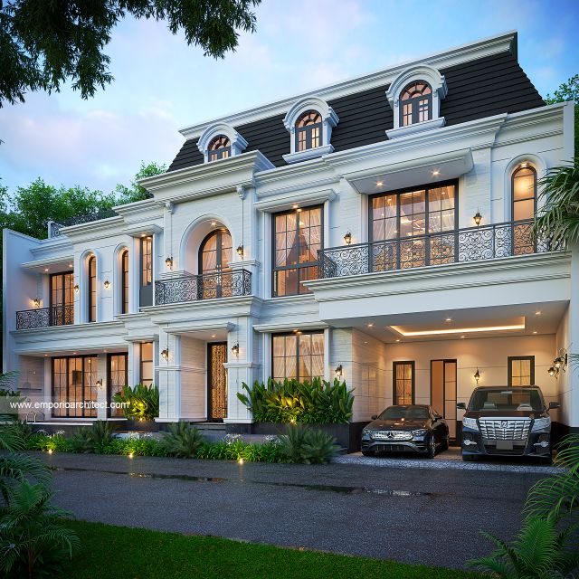 Desain Tampak Depan 2 Rumah Mediteran Klasik 3 Lantai Bapak PT di Denpasar, Bali