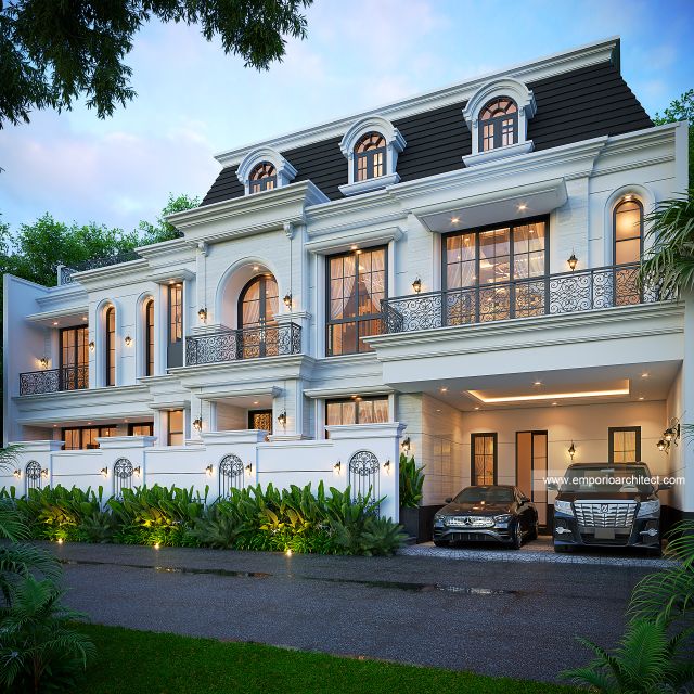 Desain Tampak Depan Dengan Pagar Rumah Mediteran Klasik 3 Lantai Bapak PT di Denpasar, Bali