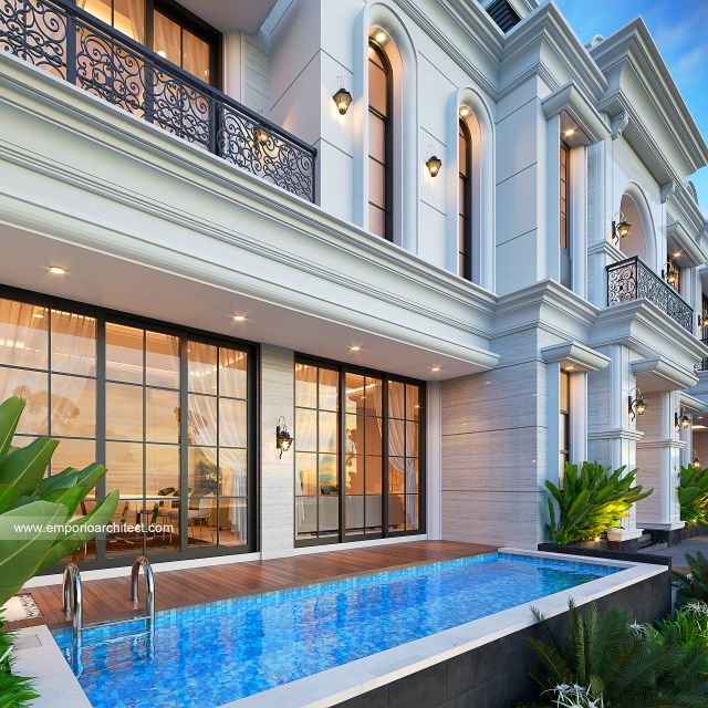 Desain Tampak Detail Kolam Rumah Mediteran Klasik 3 Lantai Bapak PT di Denpasar, Bali