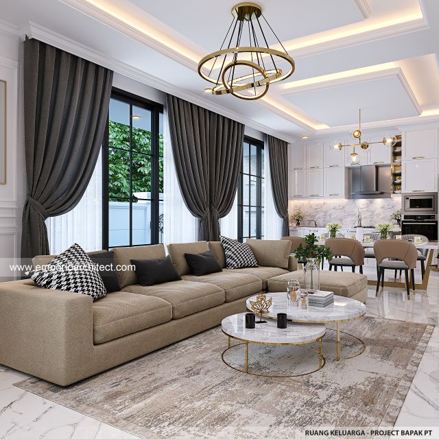 Desain Ruang Keluarga Rumah Mediteran Klasik 3 Lantai Bapak PT di Denpasar, Bali