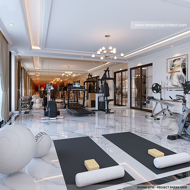 Desain Ruang Gym Rumah Mediteran Klasik 3 Lantai Bapak GNW di PIK 2, Tangerang