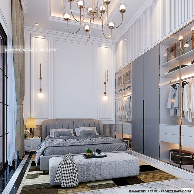 Desain Kamar Tidur Tamu Rumah Mediteran Klasik 3 Lantai Bapak GNW di PIK 2, Tangerang
