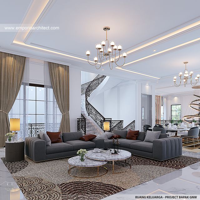 Desain Ruang Keluarga Rumah Mediteran Klasik 3 Lantai Bapak GNW di PIK 2, Tangerang
