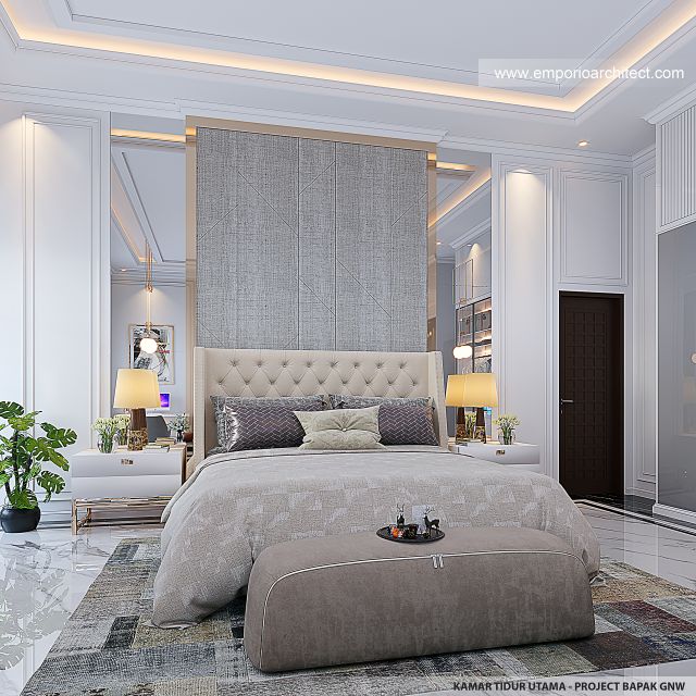 Desain Kamar Tidur Utama Rumah Mediteran Klasik 3 Lantai Bapak GNW di PIK 2, Tangerang